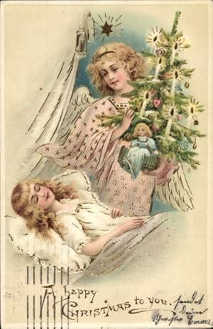 Präge Litho Glückwunsch Weihnachten, Engel, Schlafendes Kind, Tannenbaum, Puppe