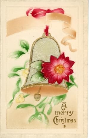 Relief Stoff Ansichtskarte / Postkarte Glückwunsch Weihnachten, Glocke, Mistelzweige, Blume