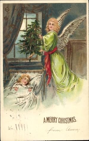 Präge Ansichtskarte / Postkarte Glückwunsch Weihnachten, Engel, Tannenbaum, Schlafendes Kind
