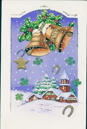 Ansichtskarte / Postkarte Winter, Glocken, Stern, Hufeisen, Glücksklee