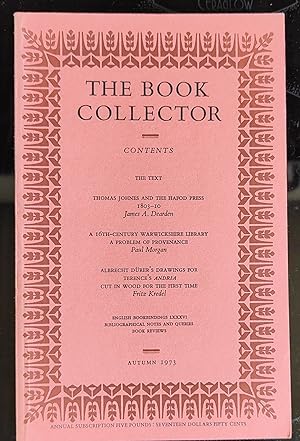 Bild des Verkufers fr The Book Collector Autumn 1973 / The Text; Thomas Johnes and the Hafod Press 1803-10, by James A. Dearden; A 16th-Century Warwickshire Library: A Problem of Provenance, by Paul Morgan; Albrecht Durer's Drawings For Terence's "Andria", cut in Wood for the First Time, by Fritz Kredel. zum Verkauf von Shore Books