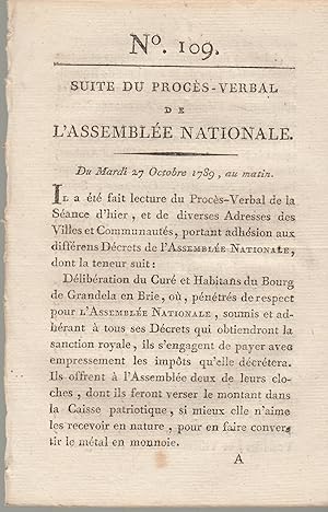 Imagen del vendedor de Suite du procs -Verbal de L'Assemble Nationale. Du Mardi 27 Octobre 1789, au matin. N 109 a la venta por Librairie Lalibela