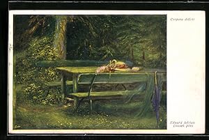 Bild des Verkufers fr Knstler-Ansichtskarte Eduard Adrian Dussek: Corpora delicti, verlassene Kleidung im Wald zum Verkauf von Bartko-Reher