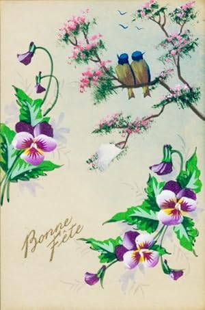 Ansichtskarte / Postkarte Glückwunsch, Stiefmütterchen, Vögel am Baum, Kitsch