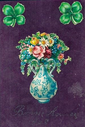 Ansichtskarte / Postkarte Glückwunsch Neujahr, Blumenstrauß in der Blumenvase, Glücksklee