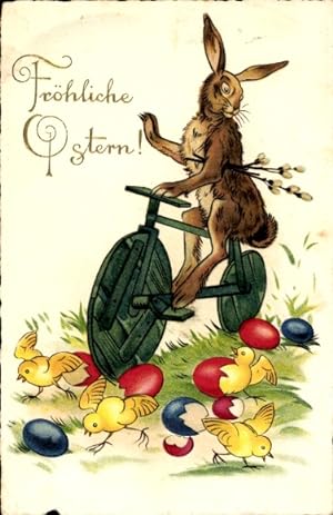 Ansichtskarte / Postkarte Glückwunsch Ostern, Hase auf einem Fahrrad, Ostereier, Küken, Weidenkät...