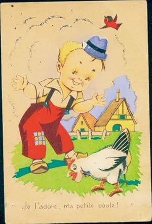 Ansichtskarte / Postkarte Bauernjunge, Henne, Wohnhaus, Vogel, Kitsch