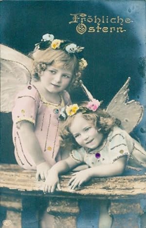Glitzer Ansichtskarte / Postkarte Glückwunsch Ostern, Mädchen als Engel