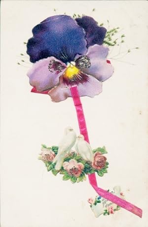 Stoff Ansichtskarte / Postkarte Tauben, Rosen, Stiefmütterchen, Kitsch