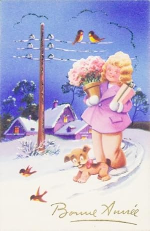 Glitzer Ansichtskarte / Postkarte Glückwunsch Neujahr, Mädchen, Geschenke, Hund