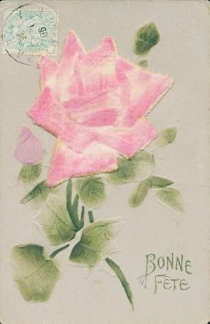 Stoff Präge Ansichtskarte / Postkarte Glückwunsch, Blühende Rose