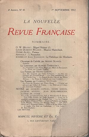 Imagen del vendedor de La Nouvelle Revue Franaise Septembre 1912 N 45 a la venta por Librairie Lalibela