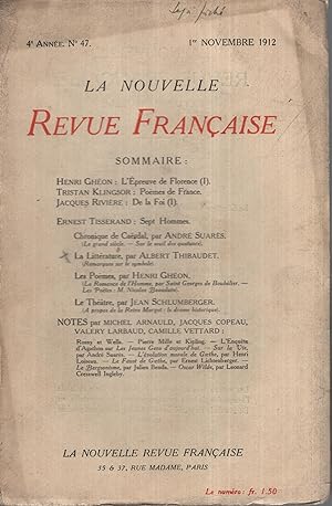 Imagen del vendedor de La Nouvelle Revue Franaise Novembre 1912 N 47 a la venta por Librairie Lalibela