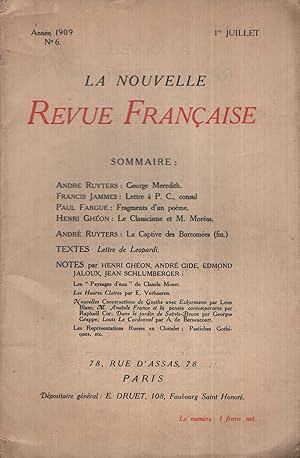 Imagen del vendedor de La Nouvelle Revue Franaise Juillet 1909 N 6 a la venta por Librairie Lalibela