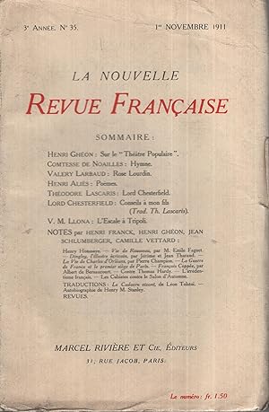 Imagen del vendedor de La Nouvelle Revue Franaise Novembre 1911 N 35 a la venta por Librairie Lalibela