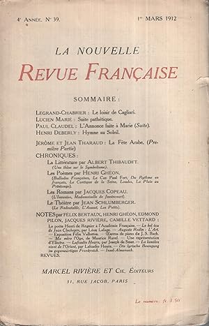 Imagen del vendedor de La Nouvelle Revue Franaise Mars 1912 N 39 a la venta por Librairie Lalibela