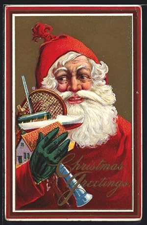 Künstler-Ansichtskarte Weihnachtsmann mit Spielzeug, Boot, Haus, Tennisschläger