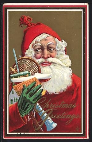 Präge-Ansichtskarte Weihnachtsmann mit Geschenken, kleines Haus, Tennisschläger