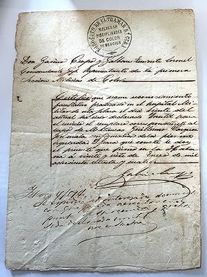1874 Cuban Medical Manuscript Certificate for Soldier from the Militia of Disciplined Soldiers of...