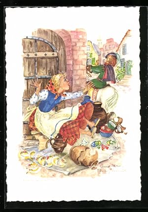 Bild des Verkufers fr Knstler-Ansichtskarte Schwarz-Torino: Knig Drosselbart, Frau berrascht ber zerbrochene Tonwaren zum Verkauf von Bartko-Reher