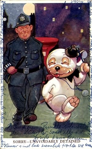 Ansichtskarte / Postkarte Hund Bonzo beim Zigarrenrauchen, Polizist, Mond