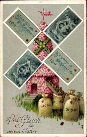 Präge Ansichtskarte / Postkarte Glückwunsch Neujahr, Windmühle, Geldsäcke