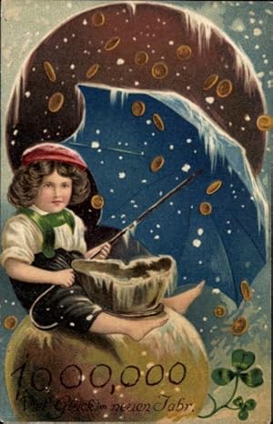 Präge Ansichtskarte / Postkarte Glückwunsch Neujahr, Junge auf einem Geldsack, Münzen, Kleeblätter