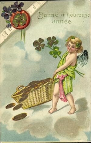 Ansichtskarte / Postkarte Glückwunsch Neujahr, Engel zieht einen Korb mit Münzen, Kleeblätter