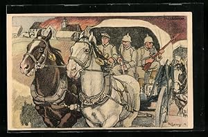 Künstler-Ansichtskarte Walter Georgi: Soldaten mit Pferdegespann, Reklame für Leibnitz-Kekse