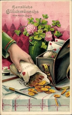 Präge Ansichtskarte / Postkarte Glückwunsch Neujahr, Füller, Münzen, Glücksklee