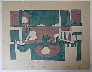 Patrick Heron print with watercolour additions, design for table Linen 1954.