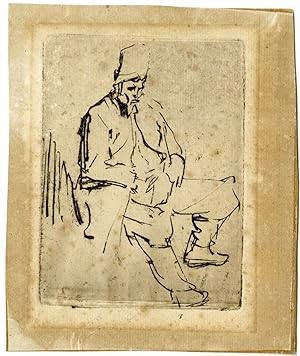 Rare-Antique Master Print-SEATED-MAN-TALL-CAP-Rembrandt-1627-1628