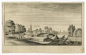 Antique Master Print-LANDSCAPE-STRASBOURG-BOATS-Hollar-c.1645
