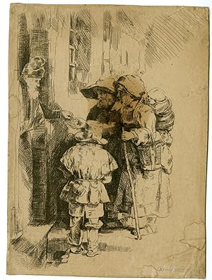 Antique Master Print-BLIND-HURDY-GURDY-PLAYER-FAMILY-DOOR-HOUSE-Rembrandt-1648-1750