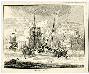 Antique Master Print-COASTAL SCENE WITH SCOTTISH SHIPS-Van der Laan-1704-1742