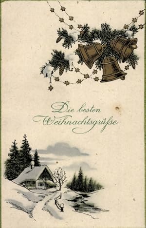Ansichtskarte / Postkarte Glückwunsch Weihnachten, Glocken, Sterne, Tannenzweige, Haus
