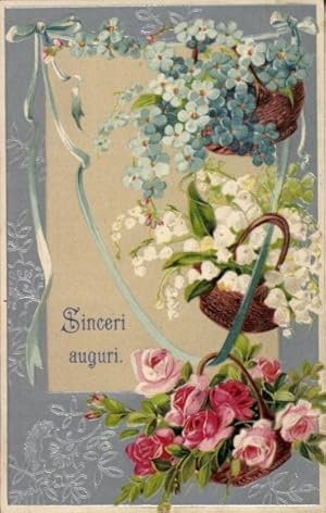 Präge Ansichtskarte / Postkarte Kitsch, Blumen, Vergissmeinnicht, Maiglöckchen, Rosen