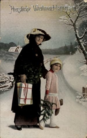 Ansichtskarte / Postkarte Glückwunsch Weihnachten, Frau mit Kind, Geschenke, Tannenzweige
