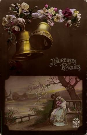 Ansichtskarte / Postkarte Glückwunsch Ostern, Glocken, Blumen, Liebespaar