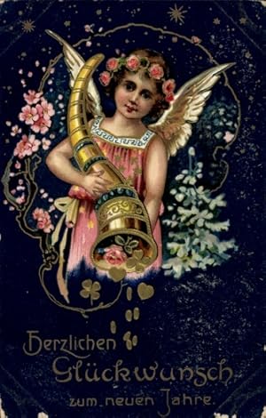 Präge Ansichtskarte / Postkarte Glückwunsch Neujahr, Engel, Füllhorn, Glücksklee, Münzen