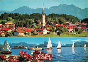 Postkarte Carte Postale 73978968 Prien Chiemsee Ortsansicht mit Kirche Chiemgauer Alpen Segeln Fa...
