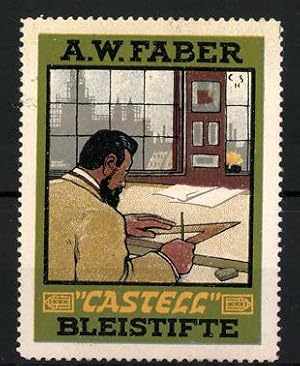 Bild des Verkufers fr Reklamemarke Castell Bleistifte, A. W. Faber, Technischer Zeichner am Schreibtisch zum Verkauf von Bartko-Reher