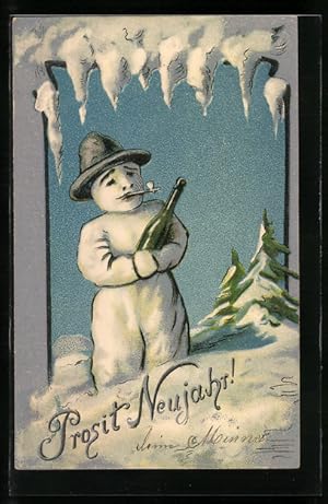 Präge-Ansichtskarte Schneemann mit Sektflasche und Pfeife zu Neujahr
