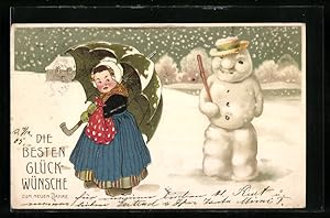 Ansichtskarte Dame mit Schirm neben Schneemann im Schnee