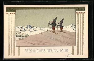 Ansichtskarte Fröhliches Neues Jahr, Zwerge mit Skiern
