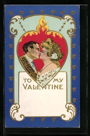 Präge-Ansichtskarte Valentinstag, Paar küsst sich im loderndem Herz