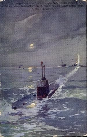 Künstler Ansichtskarte / Postkarte Heusser, H., Spur des Torpedos des Unterseebootes UV, Kreuzer ...