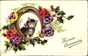 Ansichtskarte / Postkarte Glückwunsch, Katze, Hufeisen, Stiefmütterchen, Stechpalme