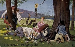 Künstler Ansichtskarte / Postkarte Frohe Pfingsten, Gesellschaft beim Picknick, Wespennest