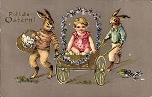 Präge Ansichtskarte / Postkarte Glückwunsch Ostern, Vermenschlichte Hasen, Kind in einer Schubkarre